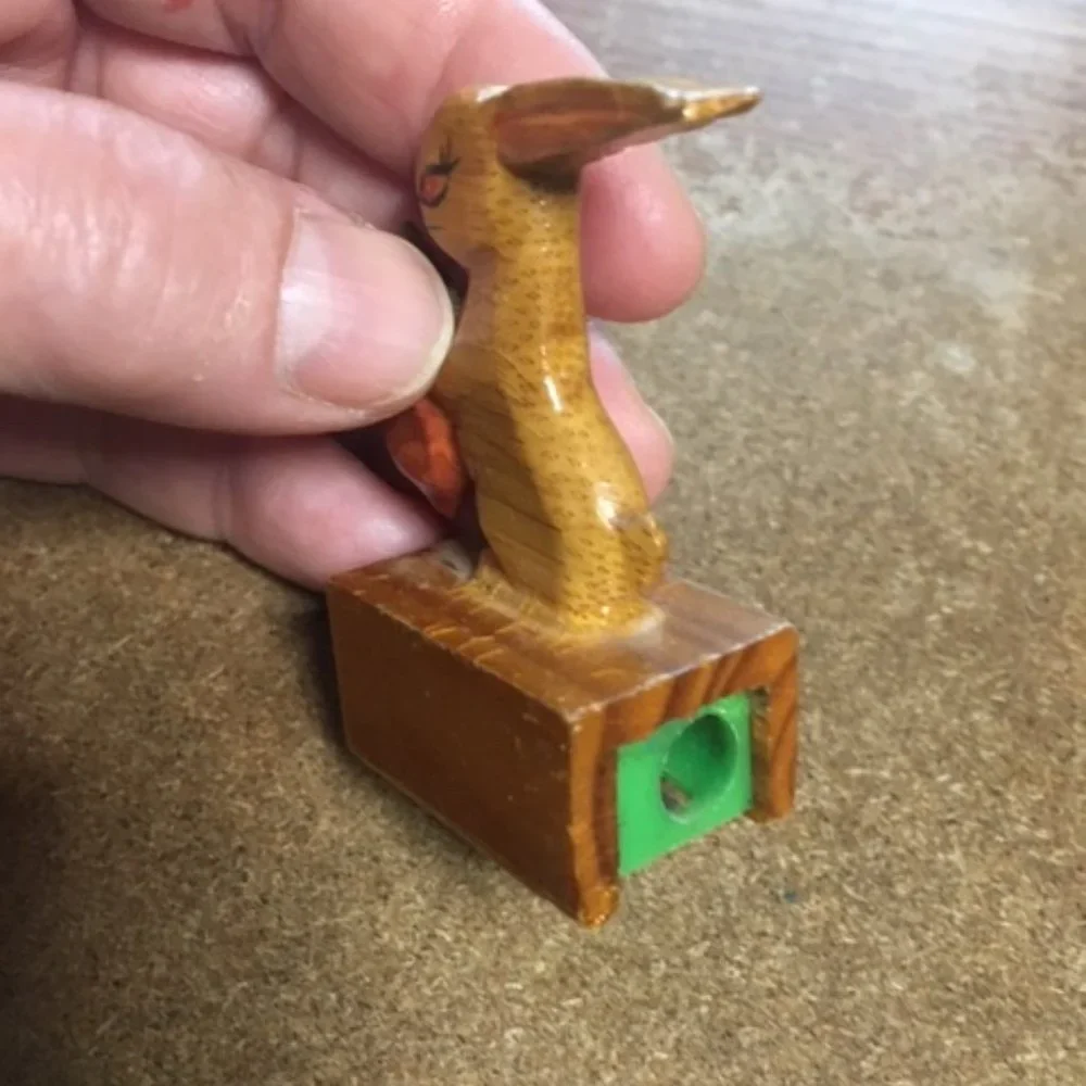 VTG Hand Carved Hand Painted Wooden Rabbit Pencil Sharpener 2.25